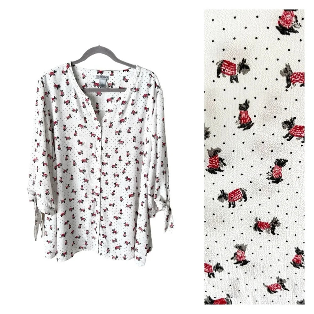 Catherine's Blouse Women's 2X Scottish Terrier Dog Print Button Down Dot 3/4 Top